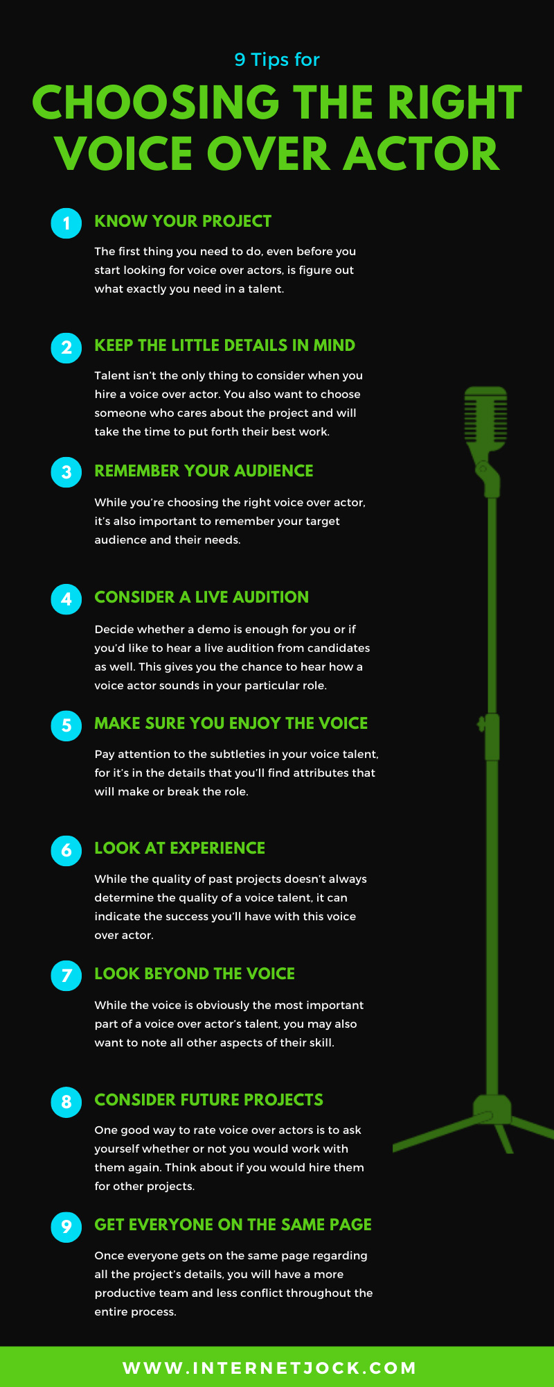 9 TIPS FOR CHOOSING THE RIGHT VOICE OVER ACTOR infographic